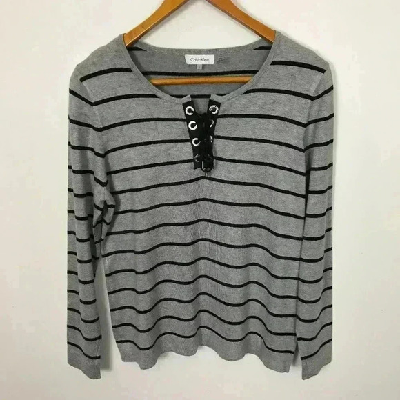 Calvin Klein Women Black Gray Lace-Up Large Blouse - Picture 2 of 5